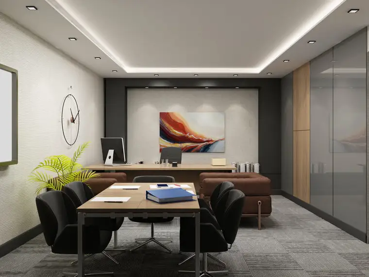Enterprise Anadolu Hisarı yönetici ofisi, çalışma masası, toplantı masası ve cam bölmeli ofis düzeni