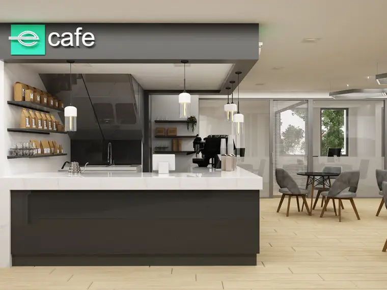 Enterprise Anadolu Hisarı içindeki e-cafe bölümü, özel imalat tezgah adası, sarkıt aydınlatma ve raf sistemi