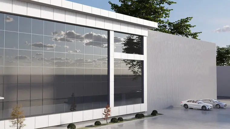 Forplas fabrika ofis cephesi köşe görünümü, gökyüzünü yansıtan koyu cam yüzey